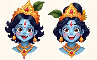 Hindu God Krishna Cartoon Emotion faces Vector Illustration. High quality