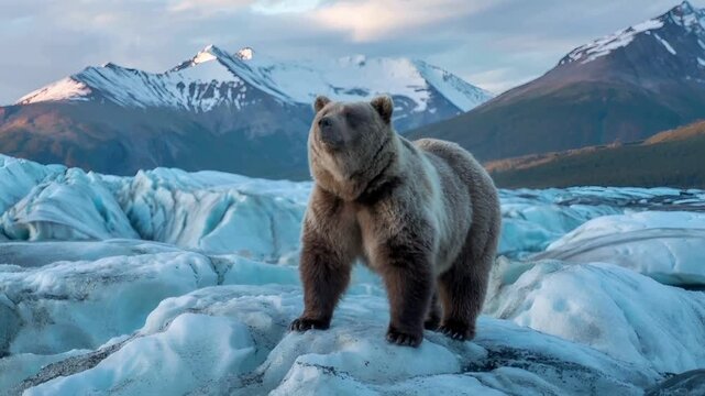 Majestic Grizzly Bear on Glacial Landscape in Alaskan Mountains