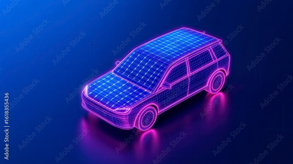 Poster a futuristic wireframe model of a car illuminated in neon colors against a deep blue background show