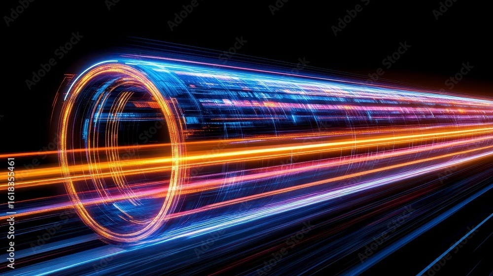 Poster electrical energy flowing through a high-tech tunnel with vibrant neon lights, creating a dynamic an