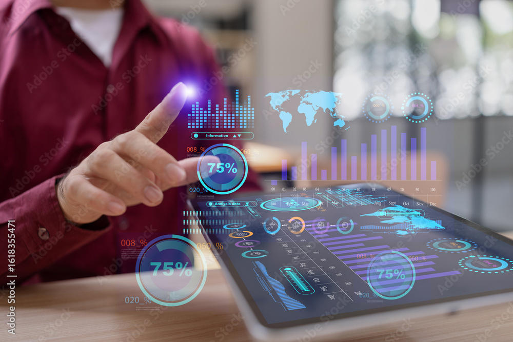 Poster businessman holding digital tablet with futuristic interface for analytics data dashboard.