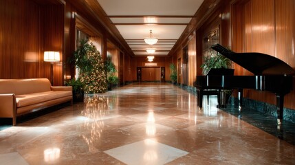 A luxurious hotel lobby features a grand piano surrounded by stylish decor, evoking sophistication, comfort, and the allure of timeless elegance in architectural design.