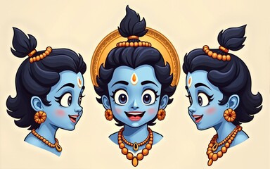 Hindu God Krishna Cartoon Emotion faces Vector Illustration. High quality