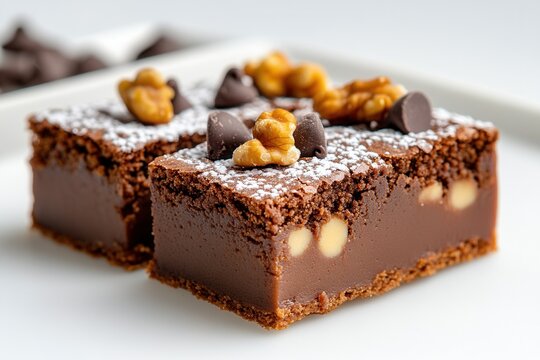 Delicious chocolate brownies with walnuts and chocolate chips on a white plate.