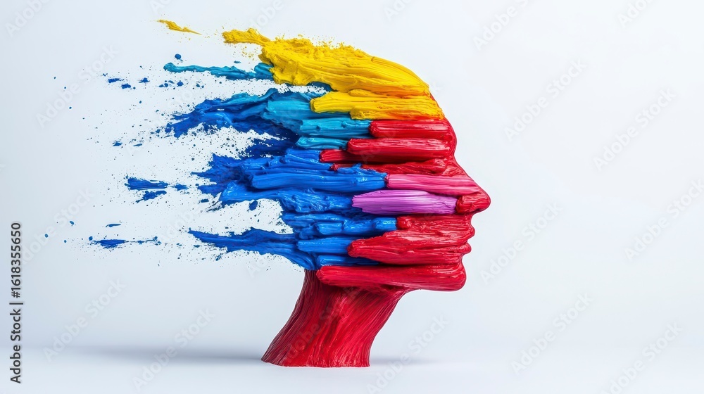 Poster creative artistic representation of a human face made from vibrant paint strokes blending into abstr