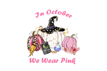 In October We Wear Pink – Magic Witch Hat, Pumpkins and Spellbook Feminine Sublimation design isolated on transparent background