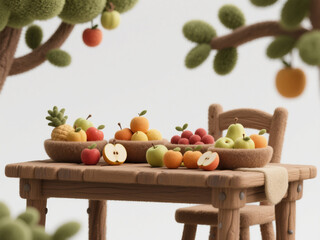 Rustic Abundance: 3D Felt Illustration of Vegetable-Laden Wooden Table - Creative Concept for Agricultural Growth and Economic Prosperity. Charming Design Element for Posters, Books, and Financial Rep