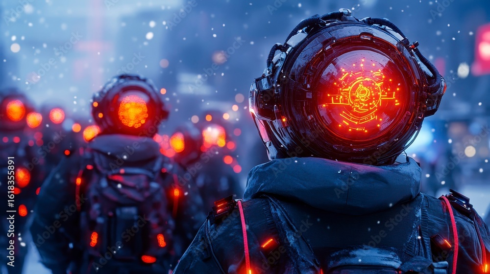 Poster group of futuristic astronauts walking through a snowy cityscape with glowing helmets and advanced t