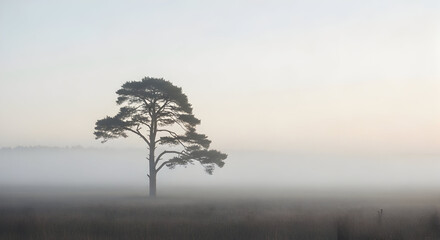 Solitary Pine Tree Silhouetted in Dense Morning Fog, Rural Landscape