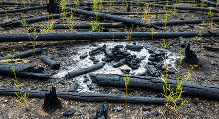 Charred Forest Floor with New Growth: Resilience After a Wildfire's Destruction