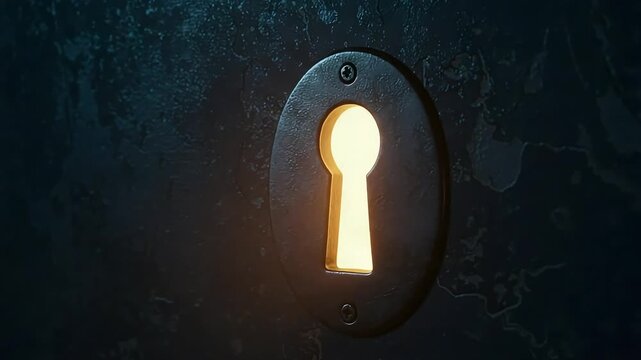 Illuminated keyhole on a textured dark wall, suggesting mystery and potential discovery in a dimly lit setting