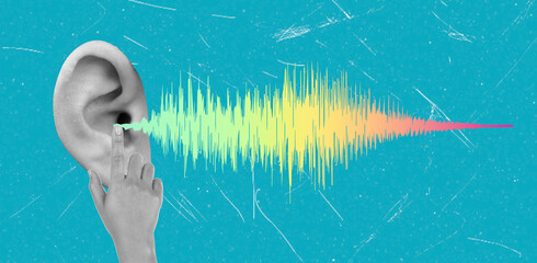 Art collage, Exploring sound waves and hearing with an ear and a finger on a vibrant blue background