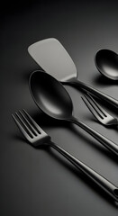 Sleek black cutlery set: forks, spoons, and spatula arranged on a dark surface