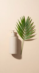 Beige Dispenser Bottle with Palm Leaf on a Soft Beige Background, Minimalist Beauty