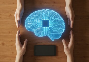 AI Brain with Circuitry Hologram on Wooden Desk. Generative Ai