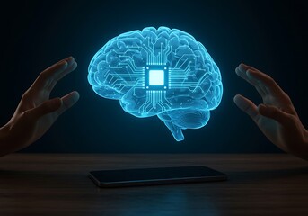 Human Brain Connected to Technology, Futuristic Concept. Generative Ai