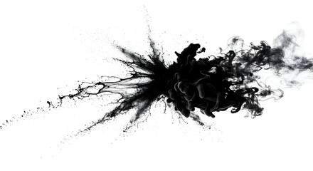 Ethereal black ink explosion with delicate tendrils against a stark white backdrop