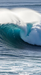Powerful ocean wave cresting with turquoise hues and foamy spray