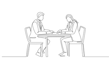 Continuous one line drawing of male and female colleagues sitting across and having conversation about work, business dialogue in progress concept, single line art