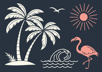 Flat Vector Icons of Tropical Beach Elements with Palm Trees, Flamingos, Sun, and Birds