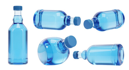Clear water bottles in various positions on a white background for hydration or product presentation