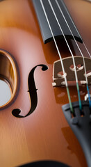 Close-up of a Violin's F-Hole, Bridge, and Strings with Warm Tones and Shallow Depth of Field