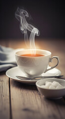 Steaming Tea in Elegant Cup with Sugar Cubes on Rustic Wooden Table