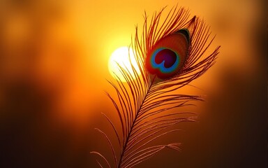 Sacred beautiful peacock feather as symbol of Hindu god Lord Krishna on sunset. Krishna Janmashtami, Govardhan Puja. Indian culture and religious concept. Background with copy space for banner, poster