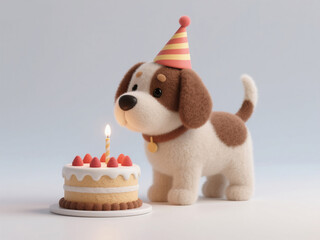 Joyful 3D Puppy in Birthday Hat: Heartwarming Animal Party Scene with Cozy Felt Texture. Whimsical Illustration for Uplifting Greeting Cards, Book Covers, and Motivational Corporate Backdrops Celebrat