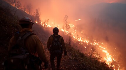 Brave firefighters battling intense wildfire in mountainous terrain at dusk. ideal for editorial use, environmental awareness campaigns, emergency preparedness content, and climate change visuals.