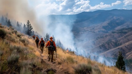Obraz premium Brave firefighters battling intense wildfire in mountainous terrain at dusk. ideal for editorial use, environmental awareness campaigns, emergency preparedness content, and climate change visuals.