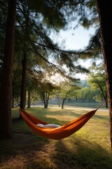 Serene morning hammock swing amidst trees in sunlit park
