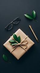 Elegant Gift Presentation with Greenery, Glasses, and Pen on Dark Surface