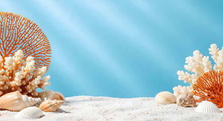 Seashells and Coral on White Sand Against a Light Blue Background