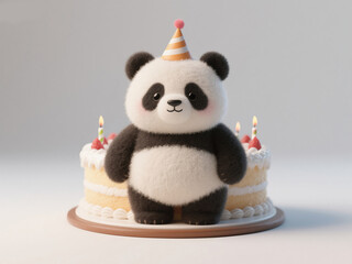 Delightful 3D Panda in Birthday Hat: Whimsical Animal Party Illustration with Cozy Felt Texture. Heartwarming Design for Greeting Cards, Book Covers, and Uplifting Corporate Event Backdrops. Celebrati