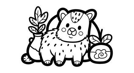 Cartoon bear with spots, plants in a pot and a flower, black and white