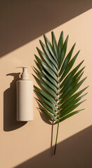 Minimalist Composition: Palm Leaf and Beige Soap Dispenser with Dramatic Shadows