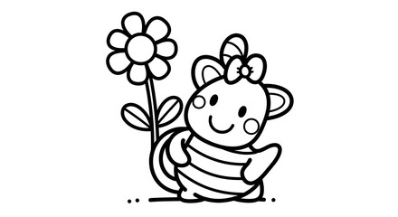 Adorable Cartoon Bear with Flower, Bow, and Stripes in Black and White