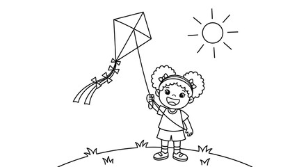 Cheerful Girl Flying Kite Under Sunny Sky in Black and White Illustration