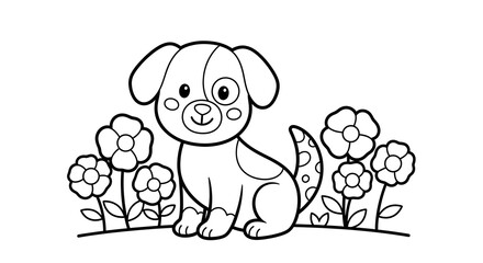 Cute puppy with spotted tail sitting among outlined flowers, coloring page style