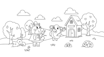 Cartoon Outlined Scene with Animals, House, Trees, and Clouds for Coloring Book