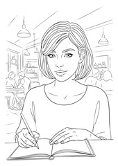 A young woman sitting at a table in an indoor cafe setting, writing in a notebook. Daily Cafe Illustration.