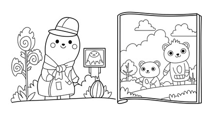 Whimsical Detective Bean and Book Page Featuring Adorable Bear Characters in Black and White
