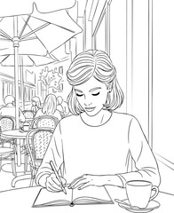 A young woman sitting at an outdoor cafe table, writing in a notebook. Daily Cafe Illustration.
