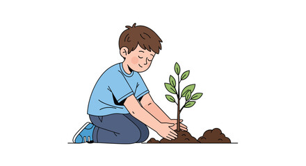Young boy carefully plants a small tree in the ground contributing to environmental conservation efforts for a greener future