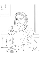 A young woman happily holding a cup of coffee. Daily Cafe Illustration.