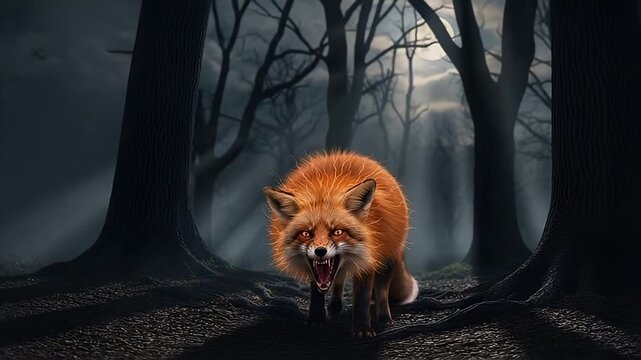 angry fox Menacing fox with glowing eyes and bristling fur snarling in a dark, moonlit forest at night.