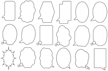 縦長フォーマットの吹き出しセット素材。セリフや思考を表現するための枠として、マンガや資料作成、SNS投稿などに活用できるシンプルなベクター線画素材｜吹き出し、縦長、セリフ、枠