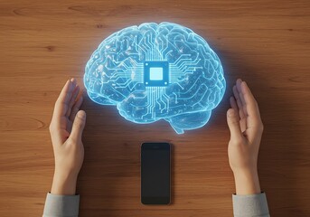 AI Brain with Circuitry Hologram on Wooden Desk. Generative Ai