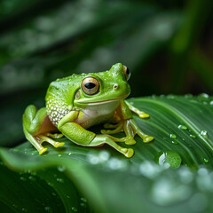  Tree Frog on Leaf with Water Droplets
